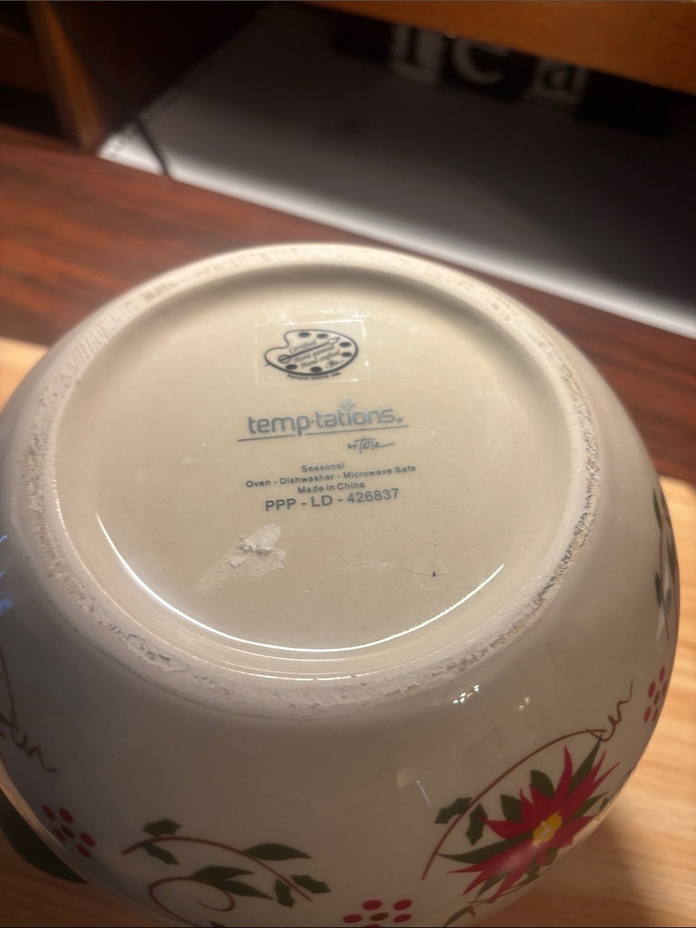 Temp-Tations Cream Ceramic Bowl with Red Floral Design and Green Leaves - Picture 2 of 9
